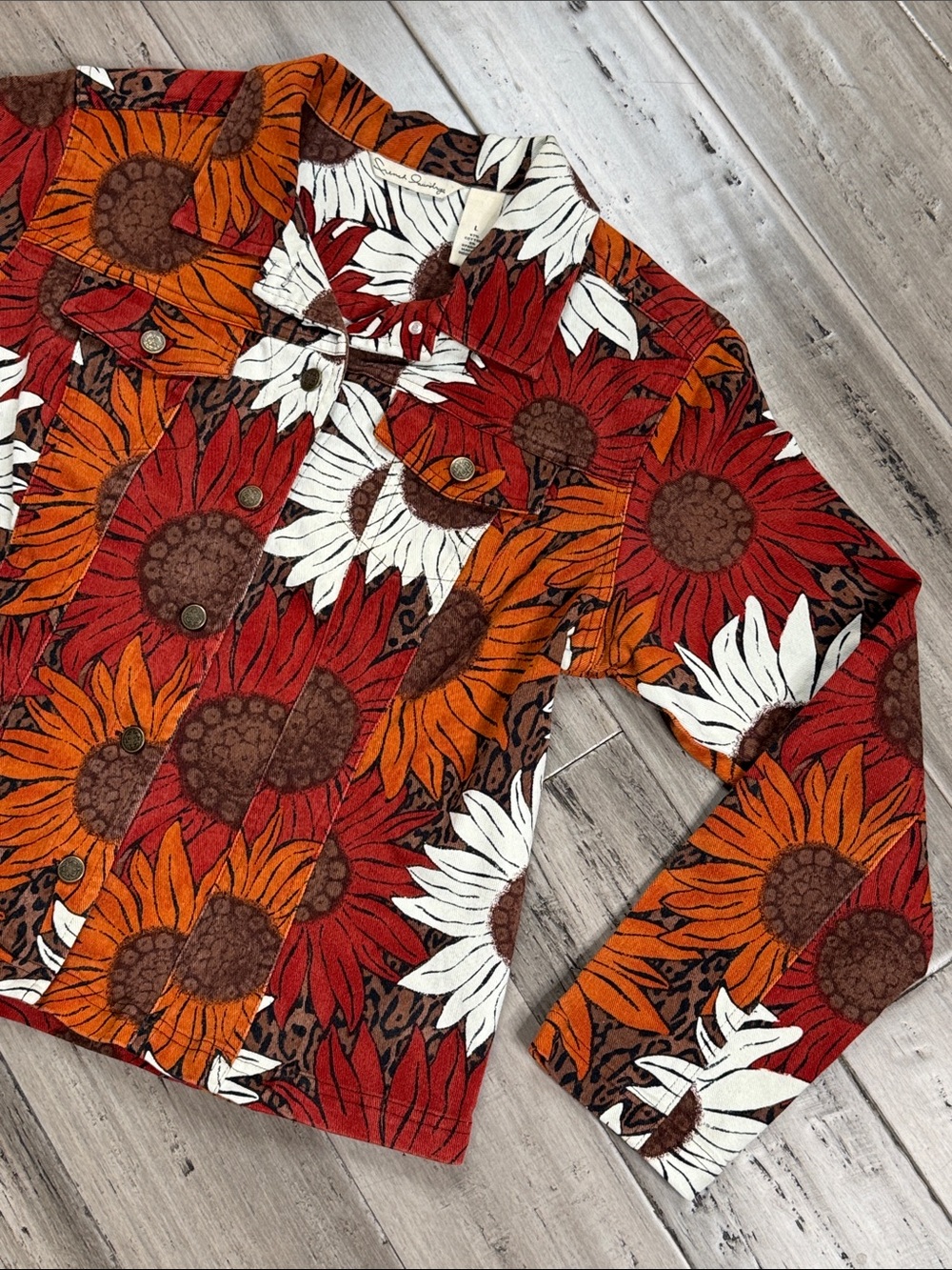FRENCH LAUNDRY SUNFLOWER PRINT STRETCH DENIM JACKET BOHO SIZE LARGE - Picture 4 of 12